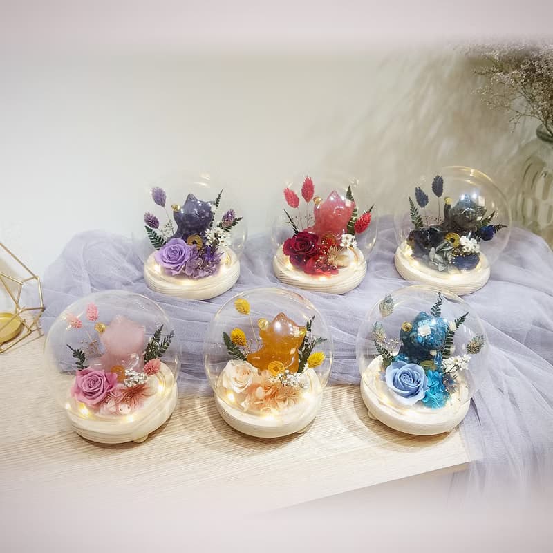 水晶招財貓永生花LED玻璃罩夜燈/永生花/乾燥花/情人節/生日/花禮