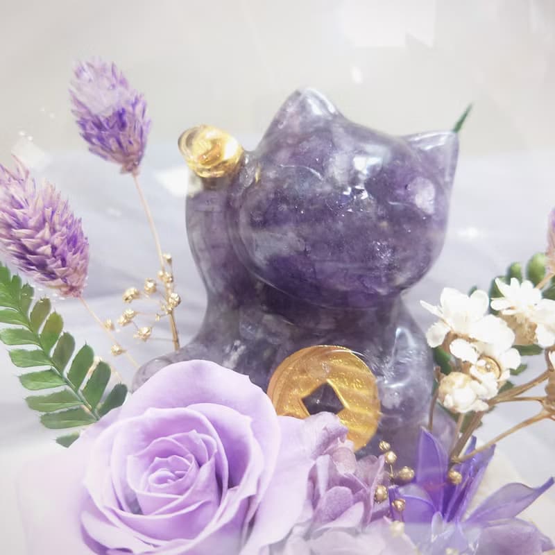 水晶招財貓永生花LED玻璃罩夜燈/永生花/乾燥花/情人節/生日/花禮