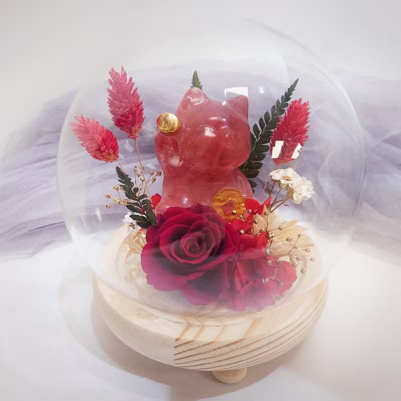 水晶招財貓永生花LED玻璃罩夜燈/永生花/乾燥花/情人節/生日/花禮