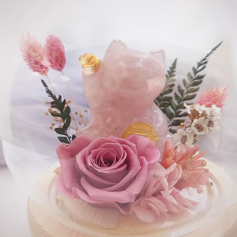 水晶招財貓永生花LED玻璃罩夜燈/永生花/乾燥花/情人節/生日/花禮