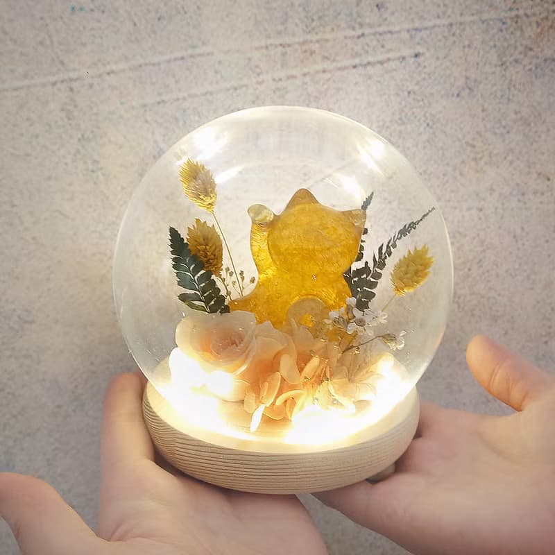 水晶招財貓永生花LED玻璃罩夜燈/永生花/乾燥花/情人節/生日/花禮