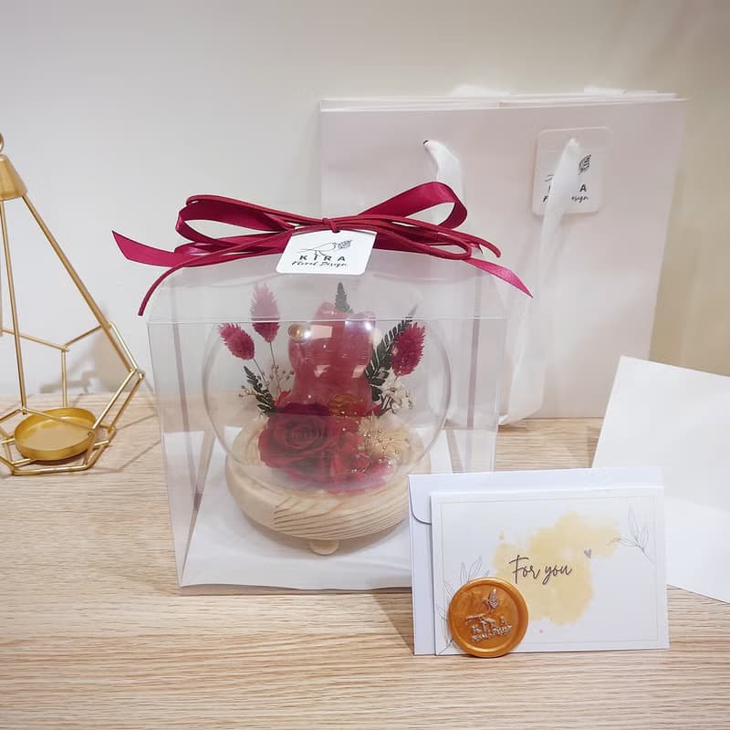 水晶招財貓永生花LED玻璃罩夜燈/永生花/乾燥花/情人節/生日/花禮