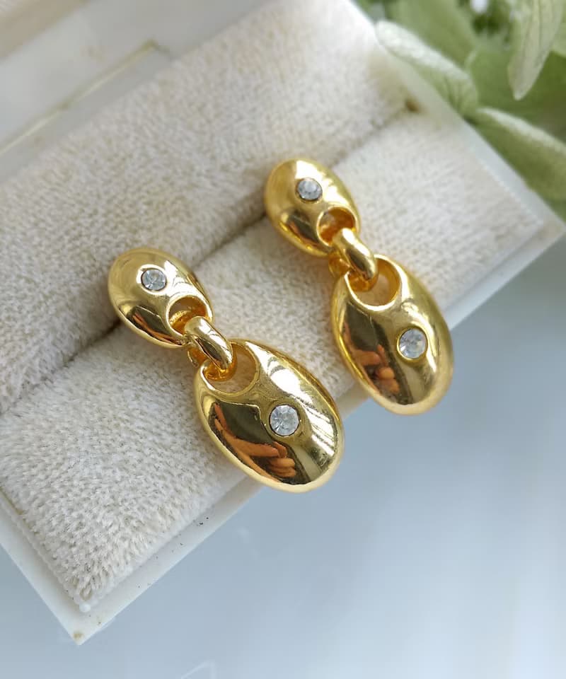 Vintage Jewelry 西洋古董飾品 金色調 都會小白鑽 針式耳環
