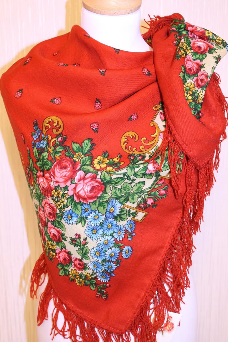 Authentic Pavlovo Posad Russian Shawl Scarf Soft 100% Wool 89x89 cm 1340-18 Red