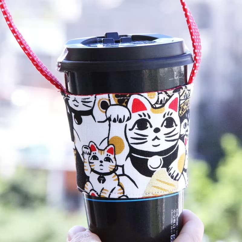 文青風環保杯套 爆萌招財貓 手工雙面  吸水 手搖杯 