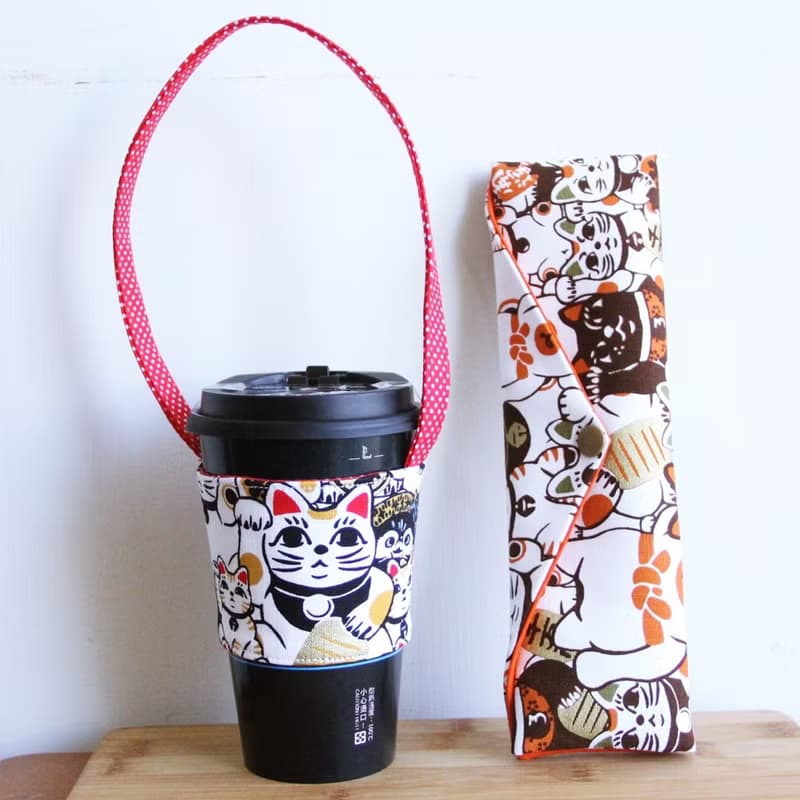 文青風環保杯套 爆萌招財貓 手工雙面  吸水 手搖杯 