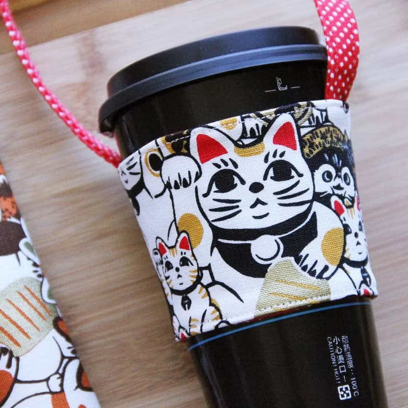 文青風環保杯套 爆萌招財貓 手工雙面  吸水 手搖杯 