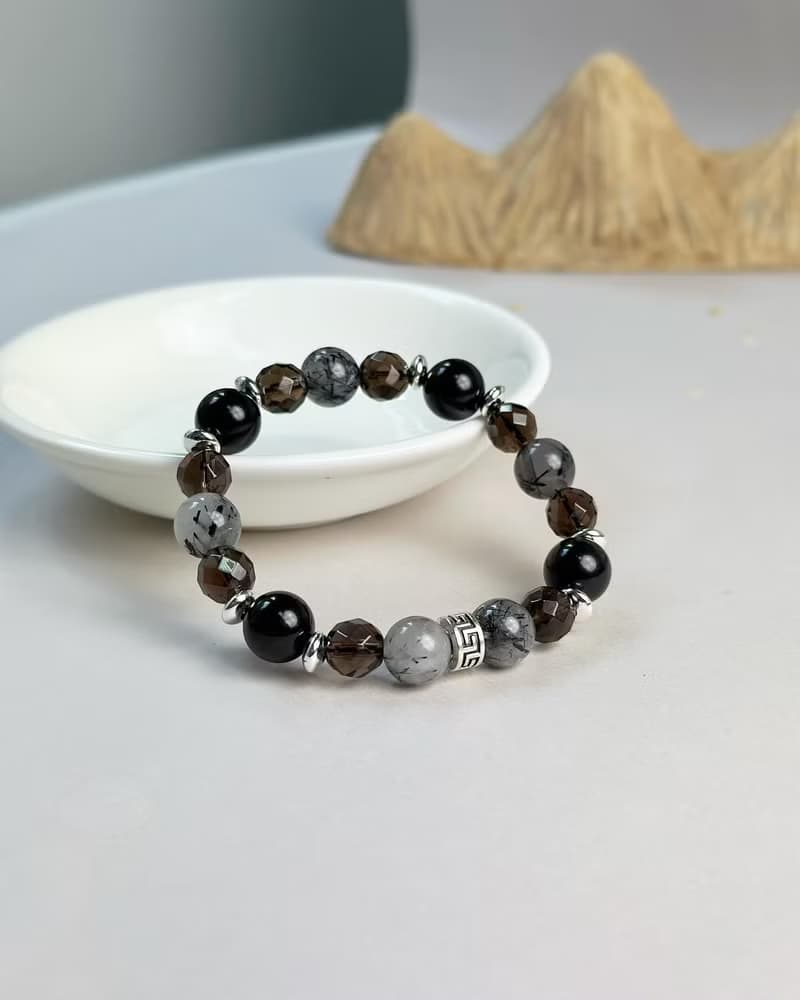 情侶款 黑曜石 黑髮晶 茶晶 天然水晶手鍊/ 防小人 消除負能量