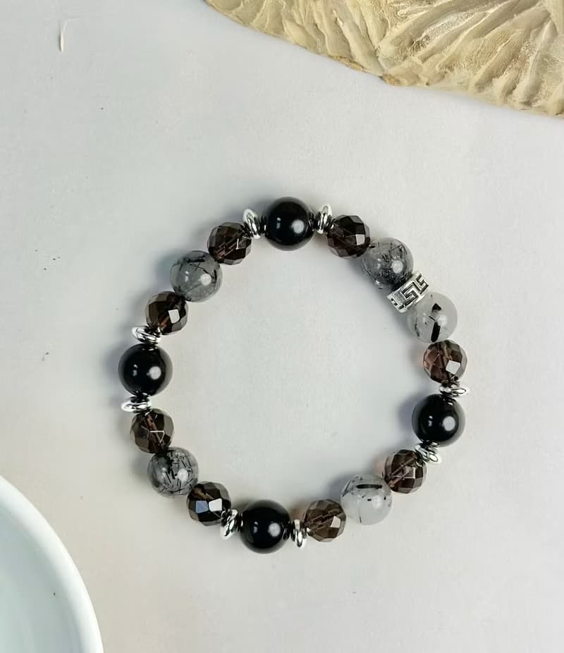 情侶款 黑曜石 黑髮晶 茶晶 天然水晶手鍊/ 防小人 消除負能量