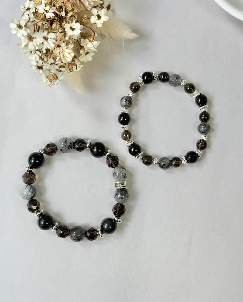 情侶款 黑曜石 黑髮晶 茶晶 天然水晶手鍊/ 防小人 消除負能量