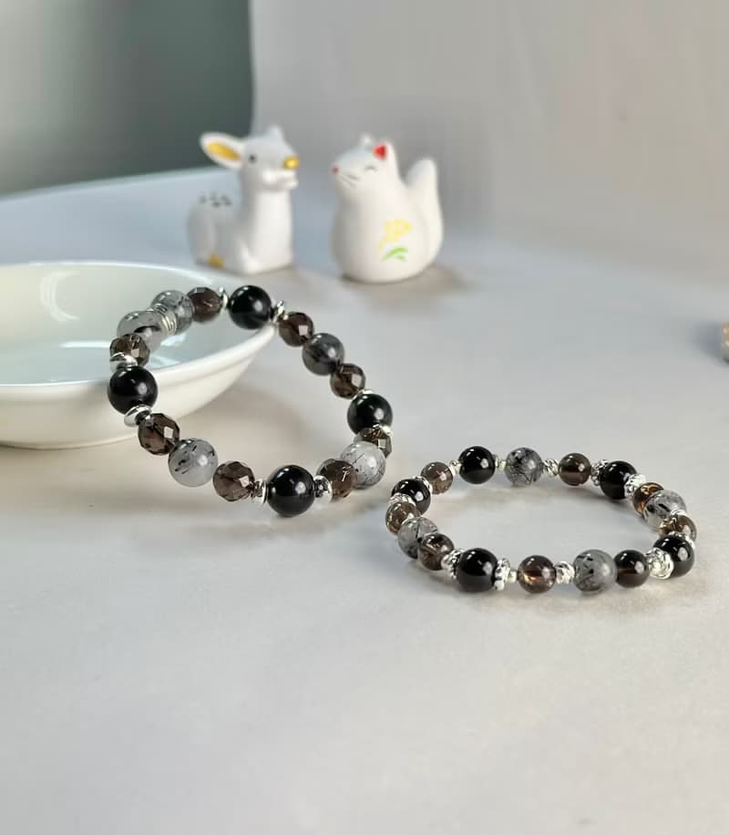 情侶款 黑曜石 黑髮晶 茶晶 天然水晶手鍊/ 防小人 消除負能量