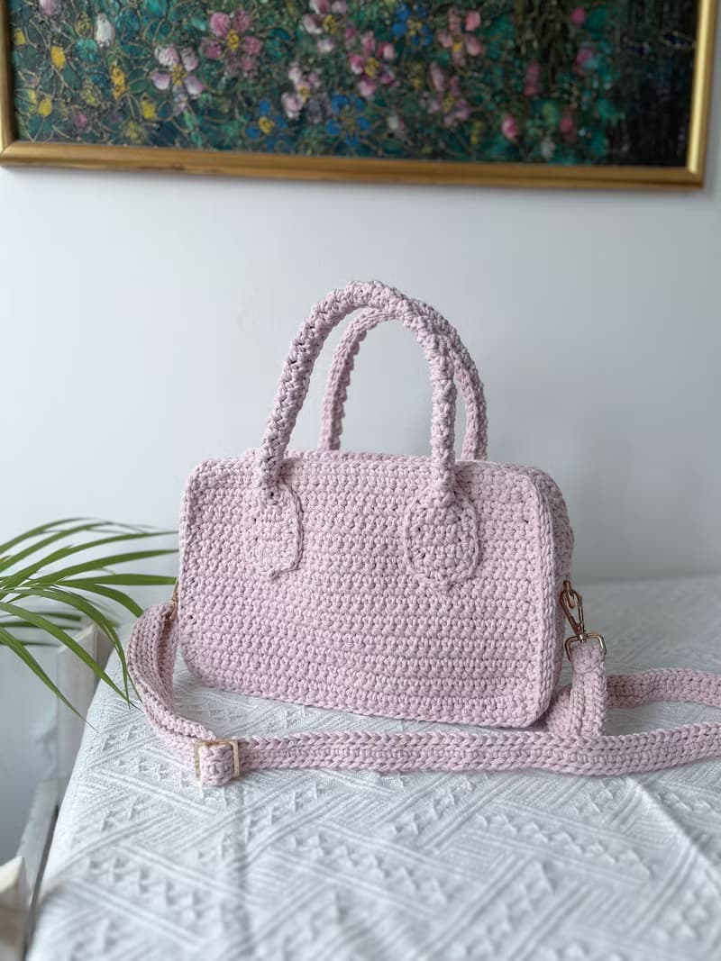 手工鉤織 Mia 手袋手提袋單肩手袋粉紅色針織鈎織編織手袋