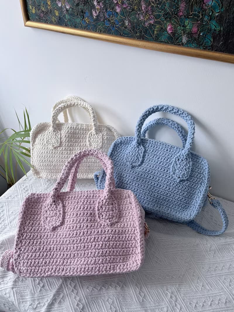 手工鉤織 Mia 手袋手提袋單肩手袋粉紅色針織鈎織編織手袋