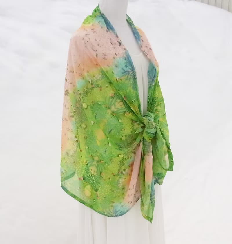 【Play with leaves】アートシフォンストール　スカーフ　春　小鳥　ショール　テキスタイル　母の日　誕生日プレゼント