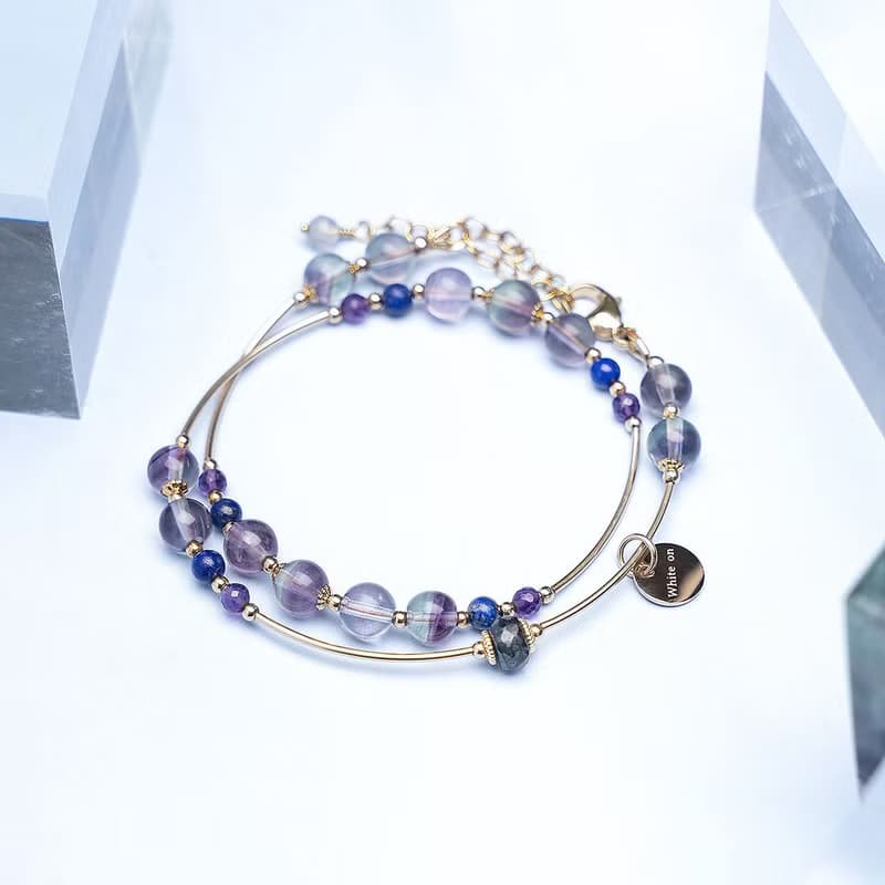 螢石青金石紫水晶14K包金雙圈 水晶手鍊 禮物