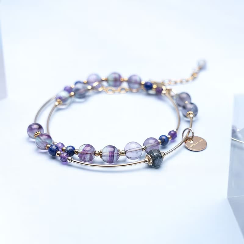 螢石青金石紫水晶14K包金雙圈 水晶手鍊 禮物