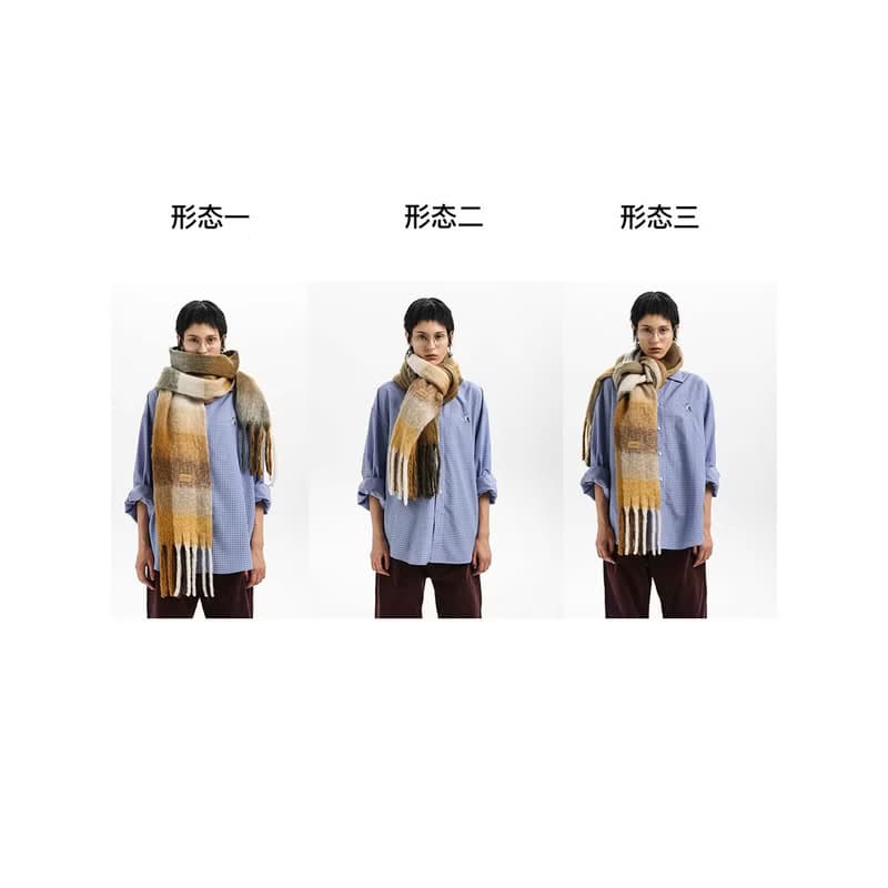 Unvesno(UN)格紋漸變仿羊絨拉毛絨感流蘇裝飾圍巾圍脖 男女同款