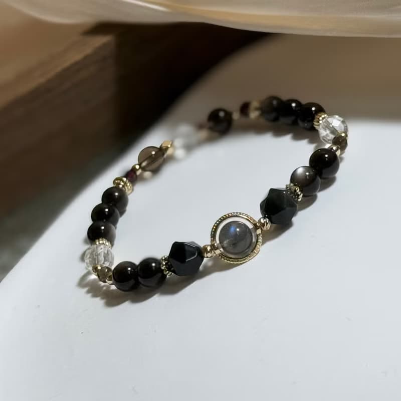 拉長石、銀曜石、白水晶、茶晶、石榴石