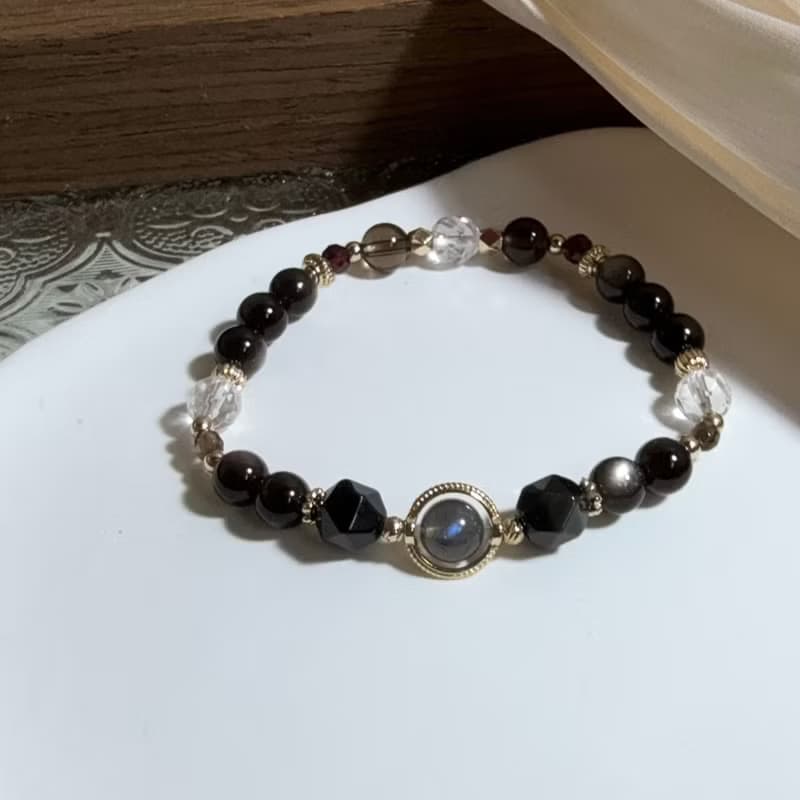 拉長石、銀曜石、白水晶、茶晶、石榴石