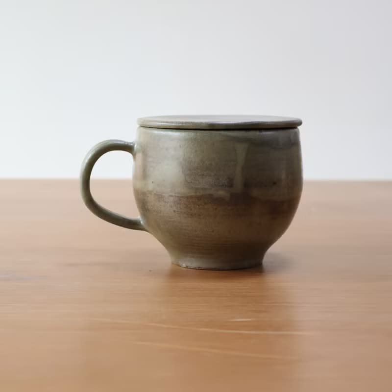 碧玉 柴燒陶手工附蓋馬克杯 咖啡杯