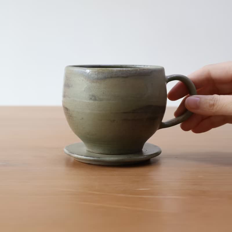 碧玉 柴燒陶手工附蓋馬克杯 咖啡杯
