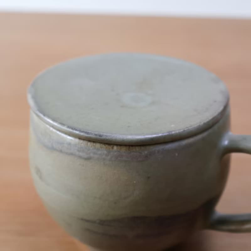 碧玉 柴燒陶手工附蓋馬克杯 咖啡杯