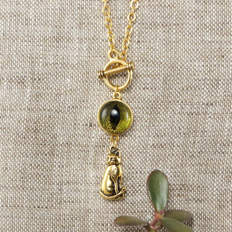 Olive Green Glass Cat Eye Evil Eye Gold Cat Kitten Protection Necklace Jewelry