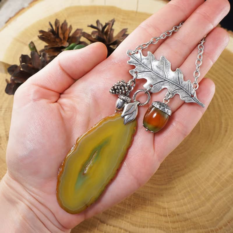 Yellow Agate Slice Slab Silver Oak Leaf Acorn Pine Cone Forest Necklace Jewelry