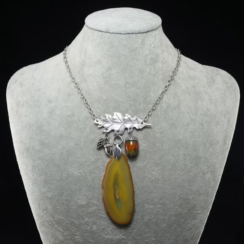 Yellow Agate Slice Slab Silver Oak Leaf Acorn Pine Cone Forest Necklace Jewelry