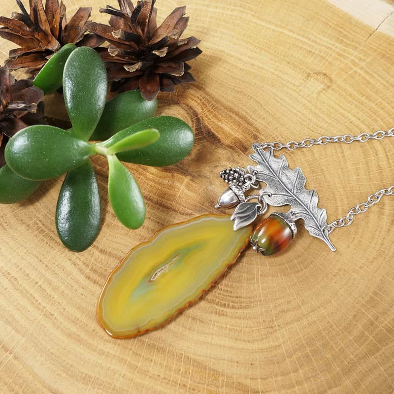 Yellow Agate Slice Slab Silver Oak Leaf Acorn Pine Cone Forest Necklace Jewelry