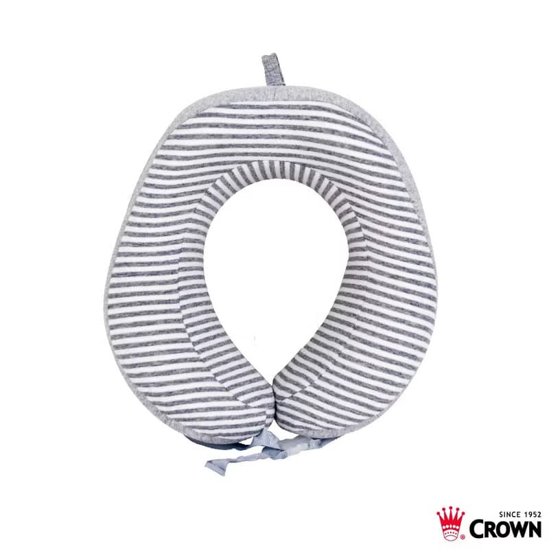 【CROWN】可捲起收納 記憶棉 旅行頸枕 淺灰條紋