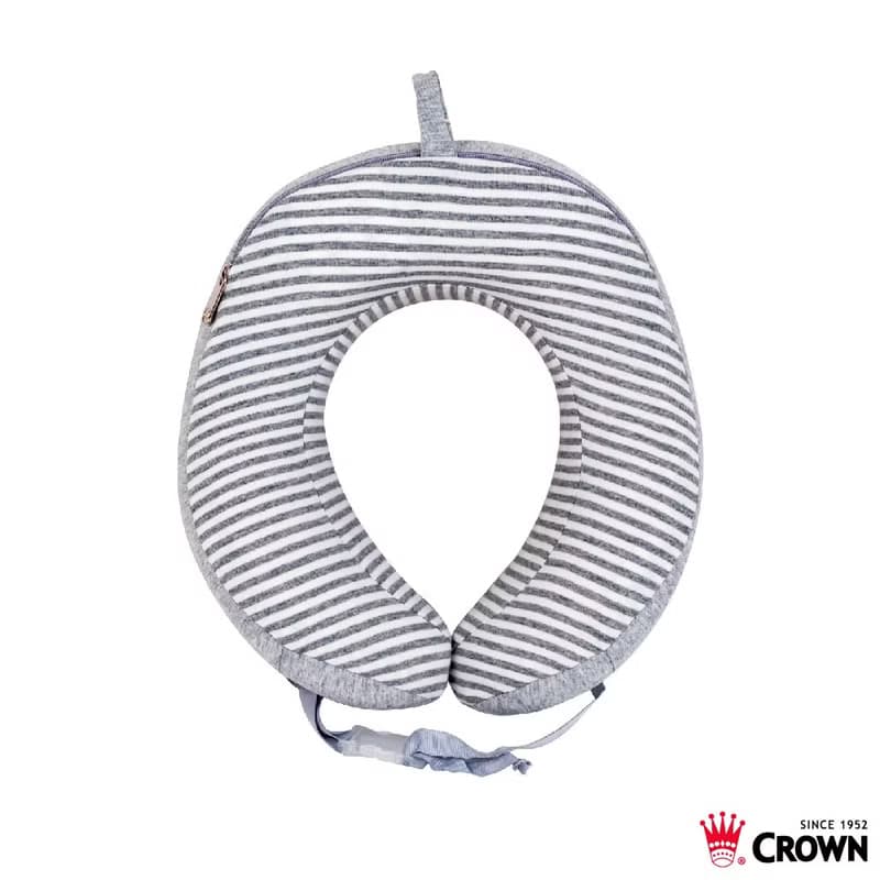 【CROWN】可捲起收納 記憶棉 旅行頸枕 淺灰條紋