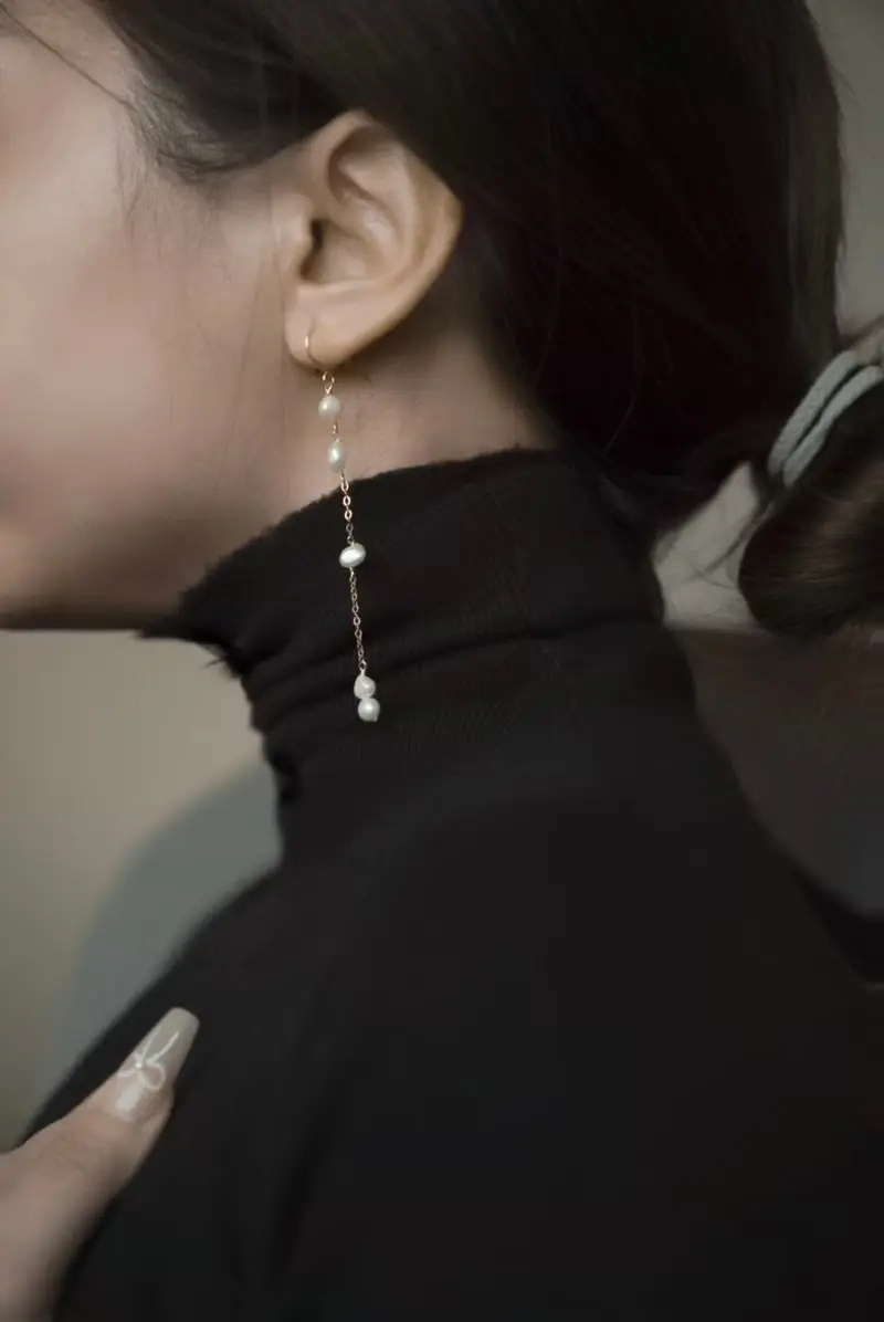 LETO 不對稱珍珠雨滴長耳環(耳夾) SV925/14KGF 天然巴洛克珍珠