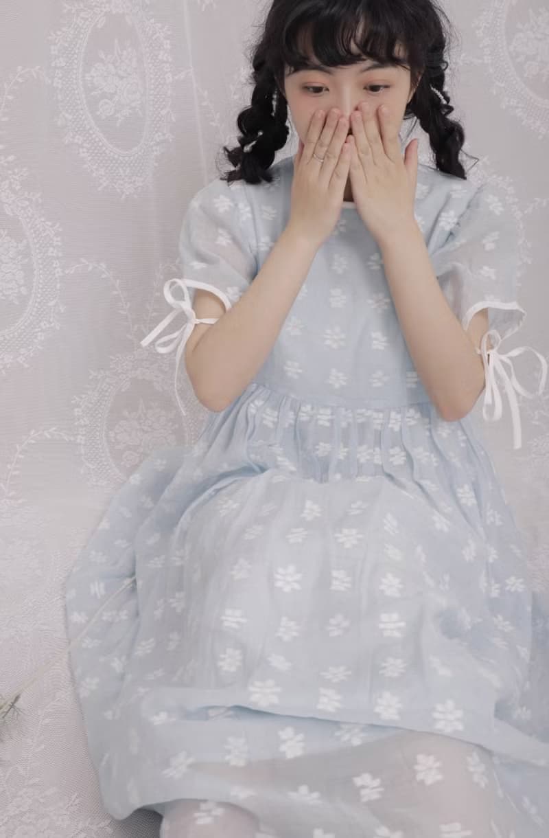 法式復古 少女小雛菊提花綁帶連身裙