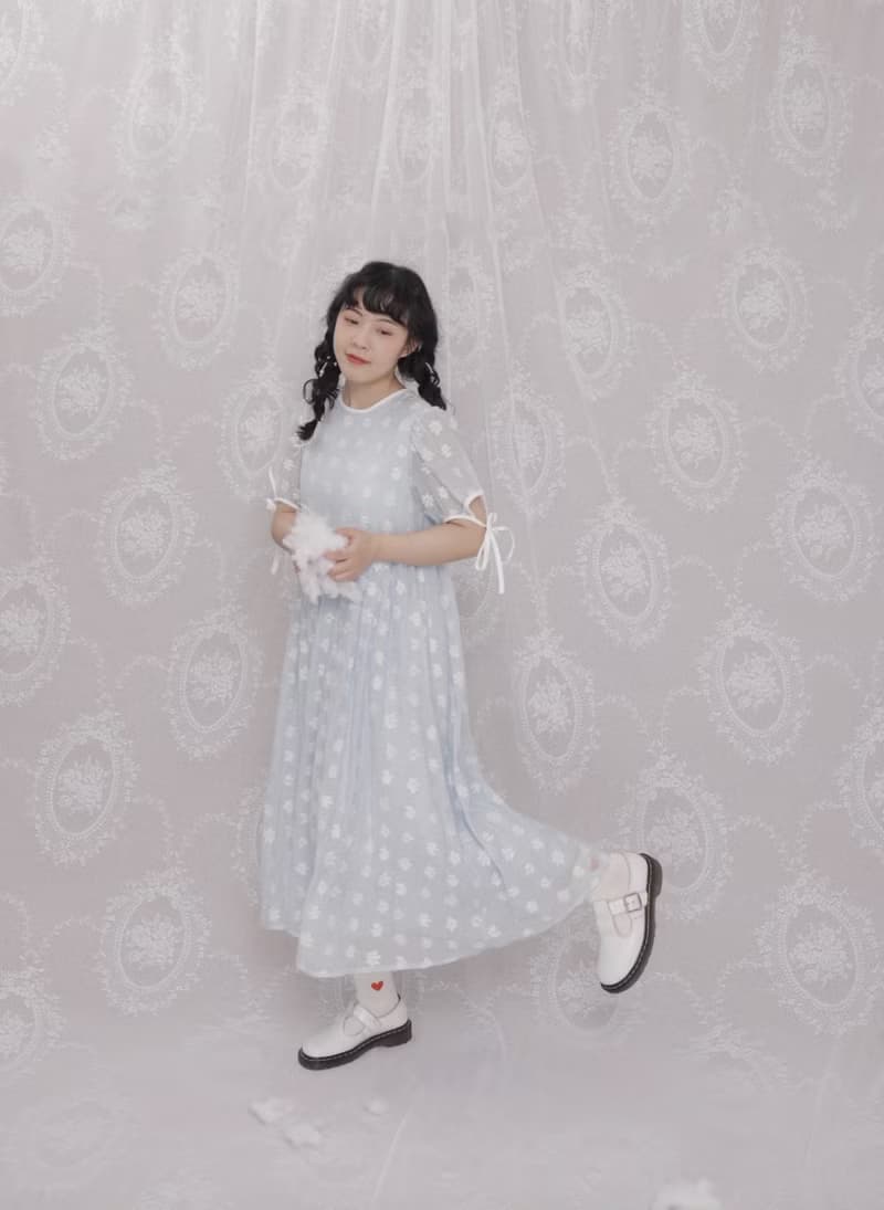 法式復古 少女小雛菊提花綁帶連身裙