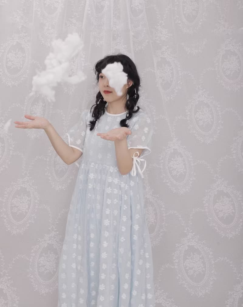 法式復古 少女小雛菊提花綁帶連身裙