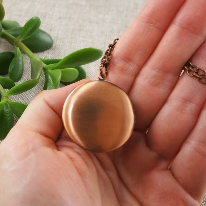 Yellow Glass Copper Round Photo Locket Keepsake Pendant Necklace Woman Jewelry