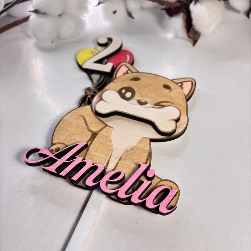 Dog Wood Custom Cake Topper - Hand Painted Birthday Keepsake - Custom Name