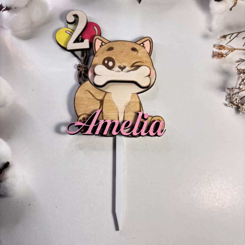 Dog Wood Custom Cake Topper - Hand Painted Birthday Keepsake - Custom Name