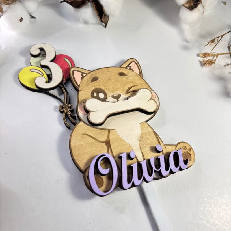 Dog Wood Custom Cake Topper - Hand Painted Birthday Keepsake - Custom Name