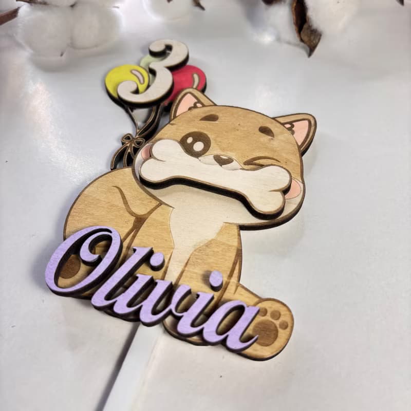 Dog Wood Custom Cake Topper - Hand Painted Birthday Keepsake - Custom Name