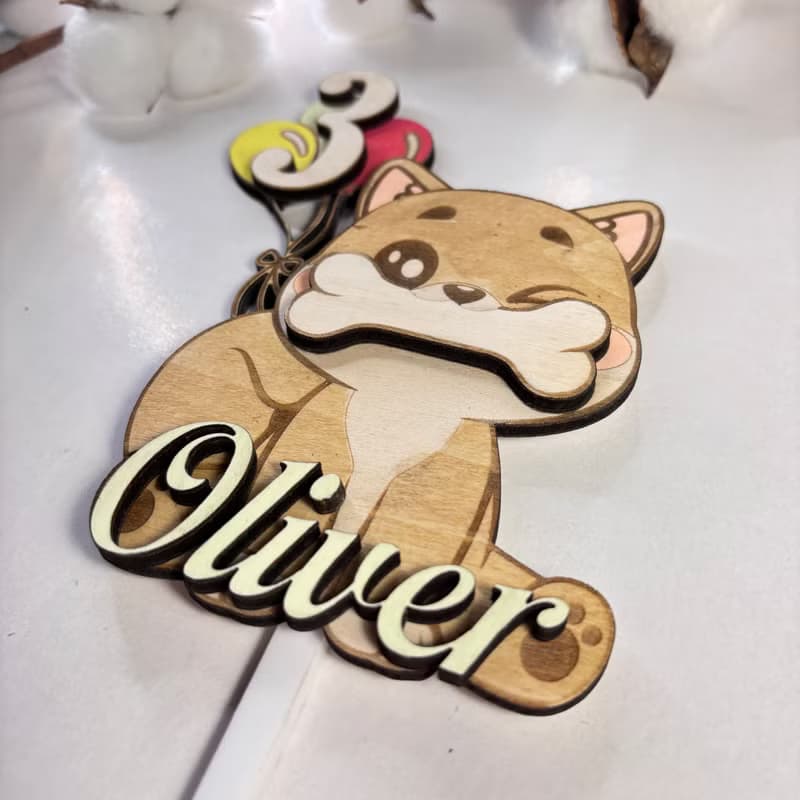 Dog Wood Custom Cake Topper - Hand Painted Birthday Keepsake - Custom Name