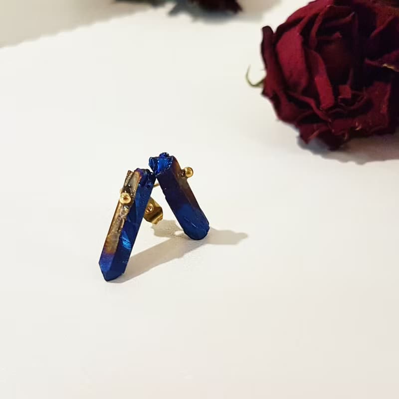 獨家-寶藍色mini石英石礦石貼式耳環_免費修改夾式耳環