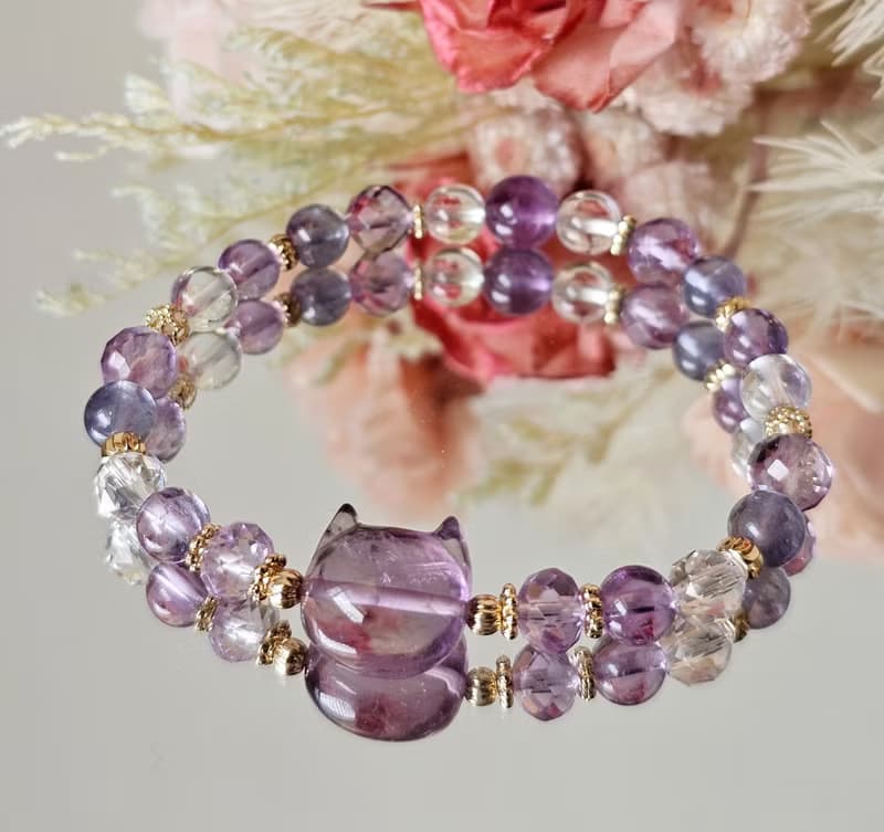 智慧與魅力的紫水晶貓- 紫水晶/豐盛/堇青石/水晶手鍊/白水晶