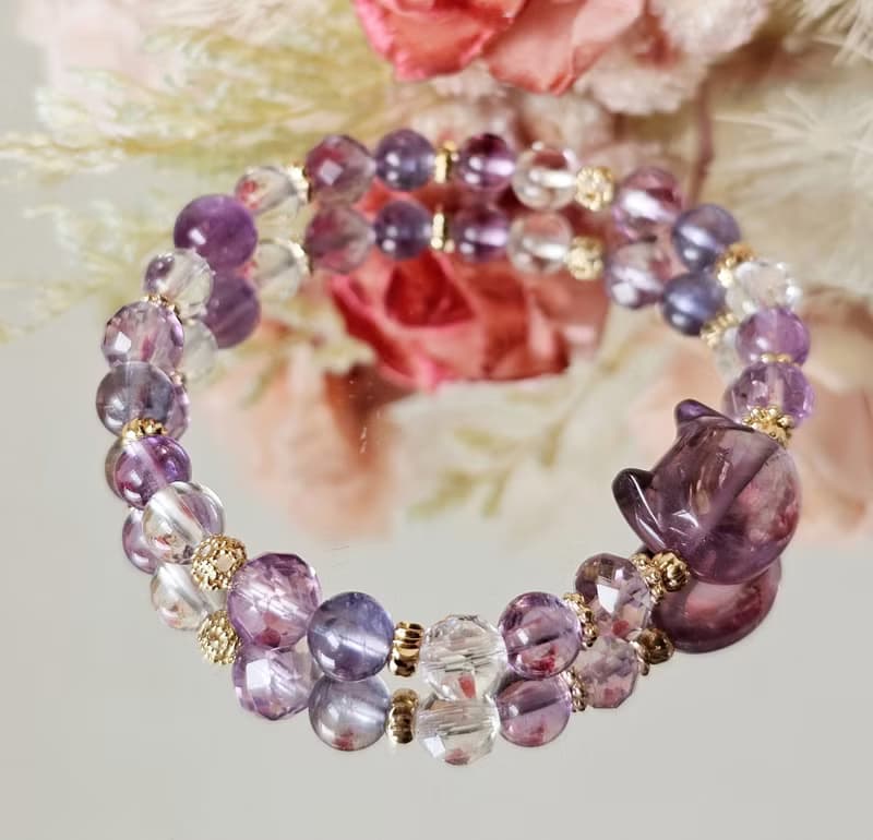 智慧與魅力的紫水晶貓- 紫水晶/豐盛/堇青石/水晶手鍊/白水晶