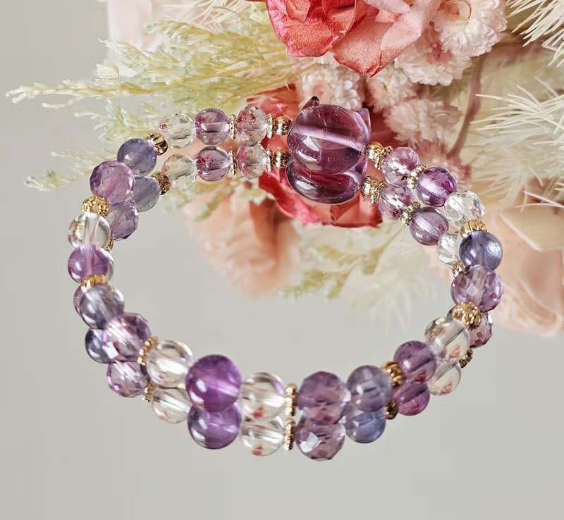 智慧與魅力的紫水晶貓- 紫水晶/豐盛/堇青石/水晶手鍊/白水晶