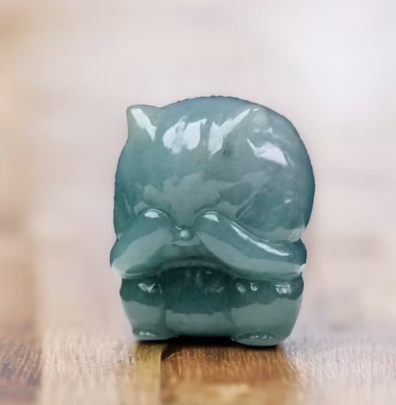 藍水翡翠巧雕非禮勿視小貓咪 | 天然A貨翡翠 | 送禮