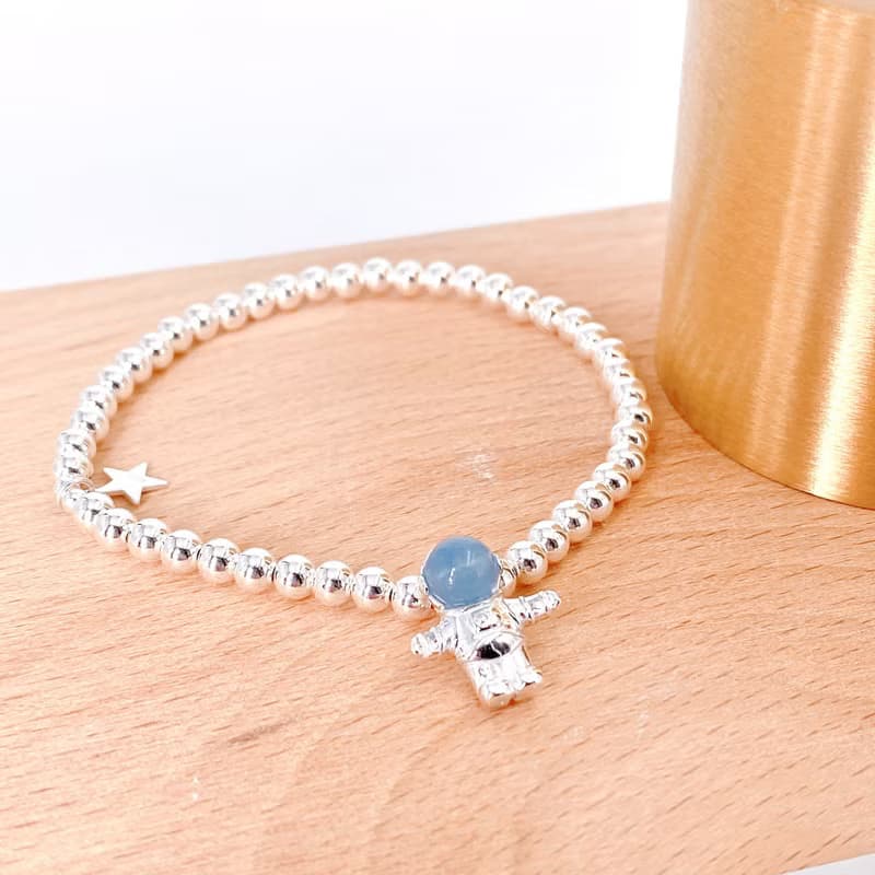純銀 小太空人 S925 銀珠手鍊 (粉藍色) 療癒系小物