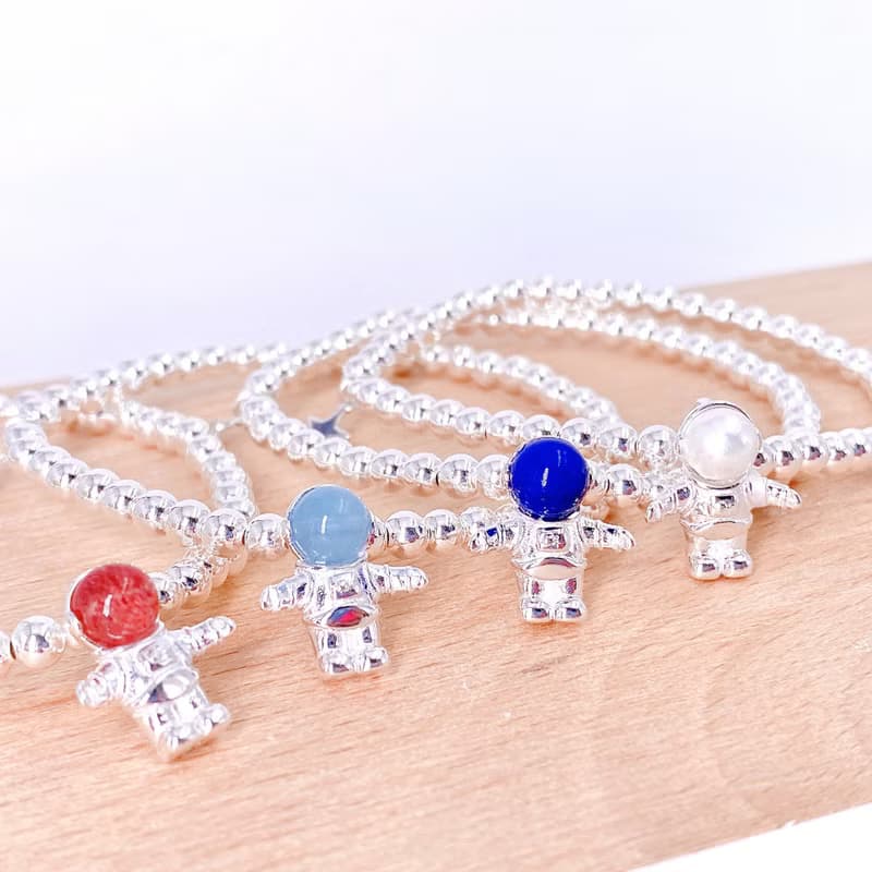 純銀 小太空人 S925 銀珠手鍊 (粉藍色) 療癒系小物