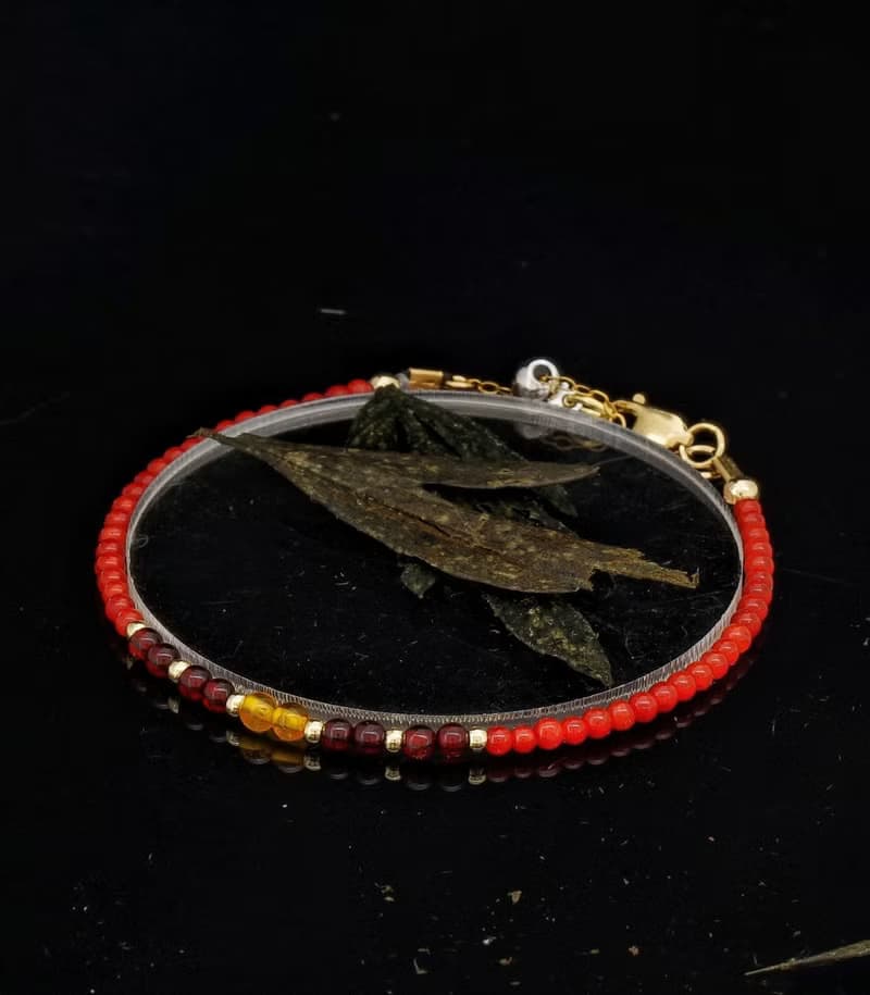 曰本 Cenfill 鋼絲 意大利紅珊瑚 + Amber 14K包金 水晶手鍊